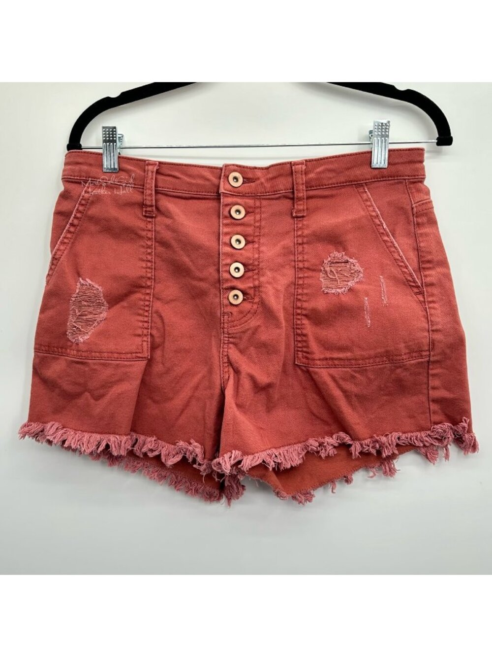 No Boundaries High Rise Terracotta Distressed Button Fly Fringe Hem Shorts